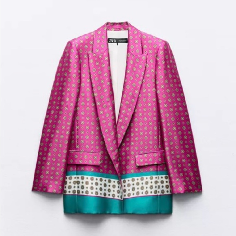 Zara Pink Patterned Blazer with Teal Border
